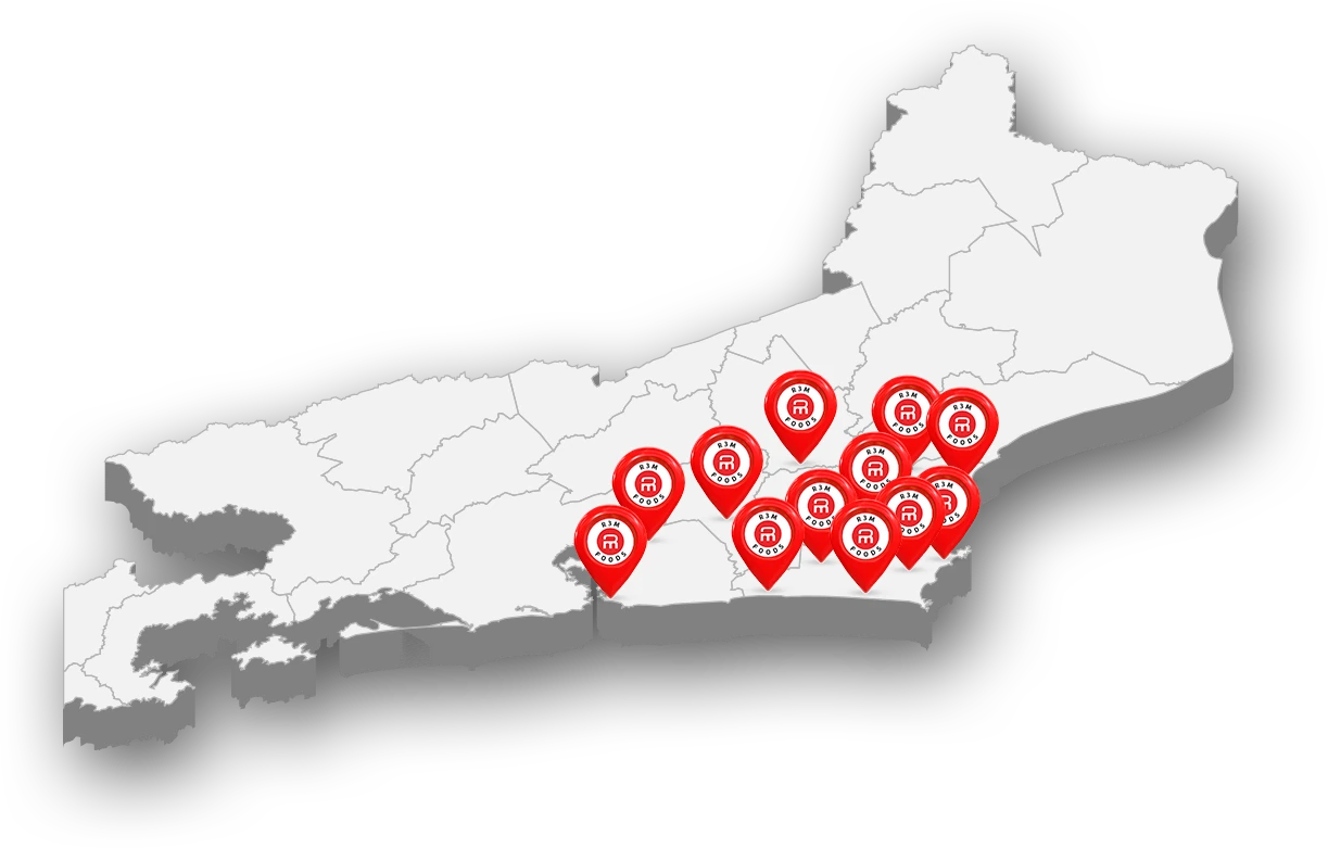 Mapa de atuação da R3M Foods no estado do Rio de Janeiro